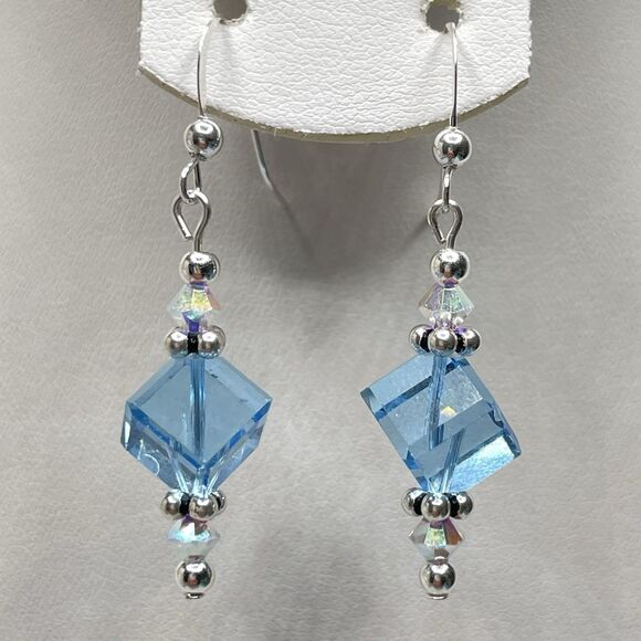 925 Sterling Artisan Made With Swarovski Crystal Blue AB White Beaded Earrings - Picture 1 of 5